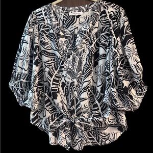 Rose & Olive Black and White Blouse with Flutter Sleeves and Tie Front